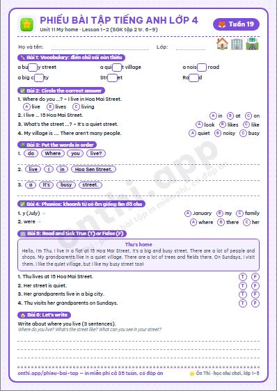 Phiếu bài tập Tiếng Anh lớp 4 tuần 19: Unit 11. My home – Lesson 1–2 (tập 2 tr. 6–9)