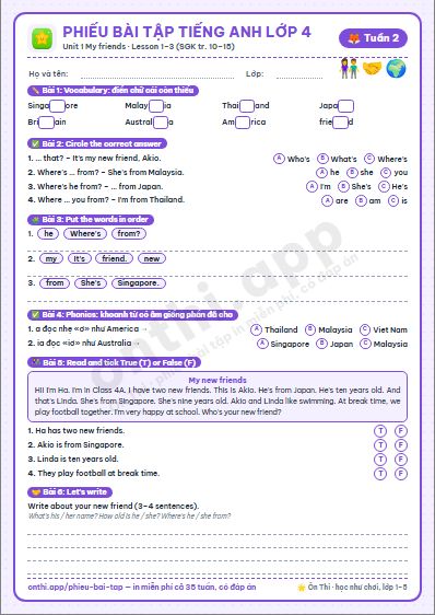 Phiếu bài tập cuối tuần Tiếng Anh lớp 4 tuần 2 đẹp, in màu: Unit 1 My friends · Lesson 1–3 (SGK tr. 10–15)