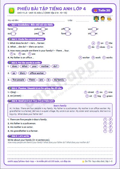 Phiếu bài tập Tiếng Anh lớp 4 tuần 20: Unit 11. My home – Lesson 3 (tập 2 tr. 10–11) · Unit 12. Jobs – Lesson 1 (tập 2 tr. 12–13)