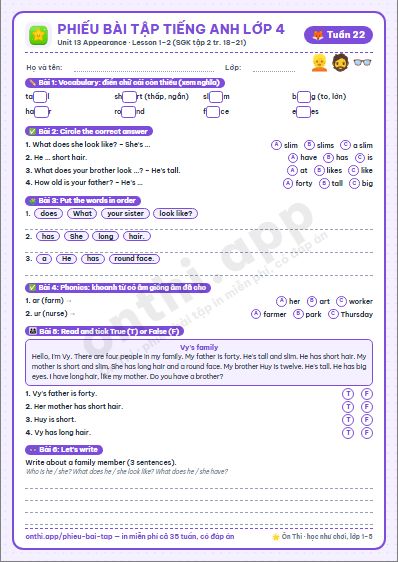 Phiếu bài tập Tiếng Anh lớp 4 tuần 22: Unit 13. Appearance – Lesson 1–2 (tập 2 tr. 18–21)