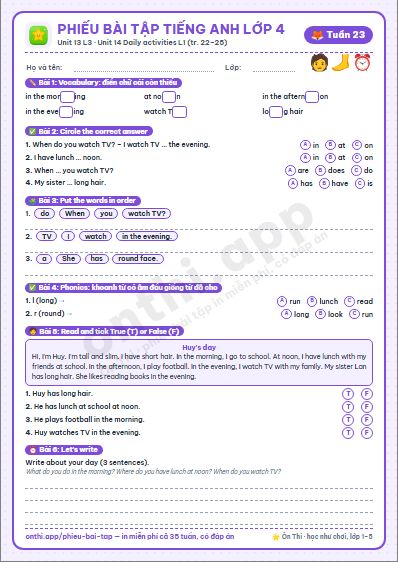Phiếu bài tập Tiếng Anh lớp 4 tuần 23: Unit 13. Appearance – Lesson 3 (tập 2 tr. 22–23) · Unit 14. Daily activities – Lesson 1 (tập 2 tr. 24–25)