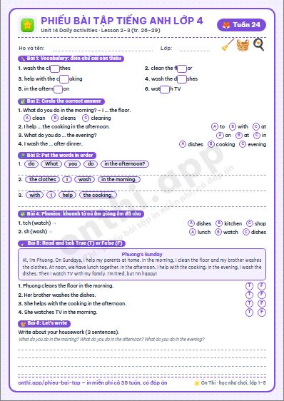 Phiếu bài tập Tiếng Anh lớp 4 tuần 24: Unit 14. Daily activities – Lesson 2–3 (tập 2 tr. 26–29)