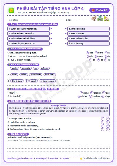 Phiếu bài tập Tiếng Anh lớp 4 tuần 26: Unit 15. My family's weekends – Lesson 3 (tập 2 tr. 34–35) · Review 3 (tập 2 tr. 36–37)
