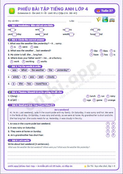 Phiếu bài tập Tiếng Anh lớp 4 tuần 27: Extension activities 3 (tập 2 tr. 38–39) · Unit 16. Weather – Lesson 1 (tập 2 tr. 40–41)