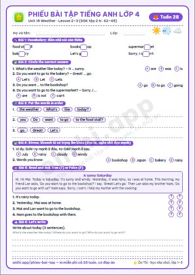Phiếu bài tập Tiếng Anh lớp 4 tuần 28: Unit 16. Weather – Lesson 2–3 (tập 2 tr. 42–45)