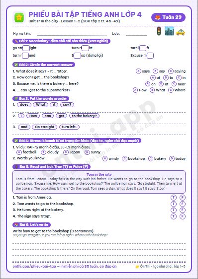 Phiếu bài tập Tiếng Anh lớp 4 tuần 29: Unit 17. In the city – Lesson 1–2 (tập 2 tr. 46–49)