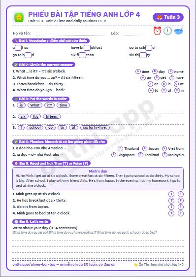 Phiếu bài tập cuối tuần Tiếng Anh lớp 4 tuần 3 đẹp, in màu: Unit 1 L3 · Unit 2 Time and daily routines L1–2