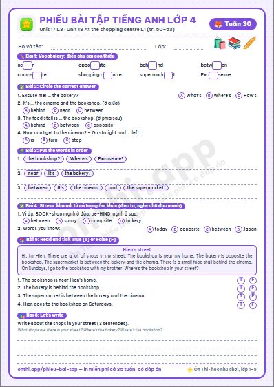 Phiếu bài tập Tiếng Anh lớp 4 tuần 30: Unit 17. In the city – Lesson 3 (tập 2 tr. 50–51) · Unit 18. At the shopping centre – Lesson 1 (tập 2 tr. 52–53)