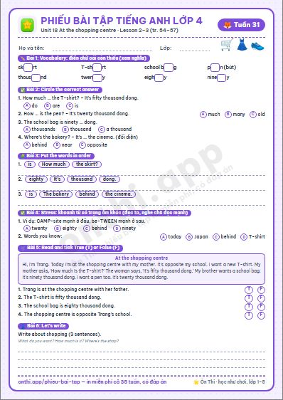 Phiếu bài tập Tiếng Anh lớp 4 tuần 31: Unit 18. At the shopping centre – Lesson 2–3 (tập 2 tr. 54–57)
