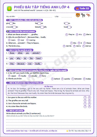 Phiếu bài tập Tiếng Anh lớp 4 tuần 32: Unit 19. The animal world – Lesson 1–2 (tập 2 tr. 58–61)