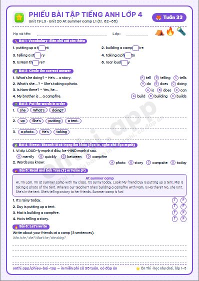Phiếu bài tập Tiếng Anh lớp 4 tuần 33: Unit 19. The animal world – Lesson 3 (tập 2 tr. 62–63) · Unit 20. At summer camp – Lesson 1 (tập 2 tr. 64–65)
