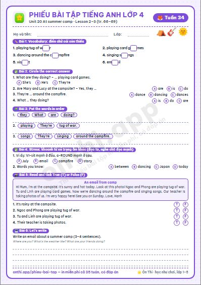 Phiếu bài tập Tiếng Anh lớp 4 tuần 34: Unit 20. At summer camp – Lesson 2–3 (tập 2 tr. 66–69)