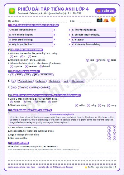 Phiếu bài tập Tiếng Anh lớp 4 tuần 35: Review 4 · Extension activities 4 (tập 2 tr. 70–73) · Ôn tập cuối năm (Unit 11–20)