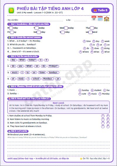 Phiếu bài tập cuối tuần Tiếng Anh lớp 4 tuần 5: Unit 3. My week (tr. 22–27)