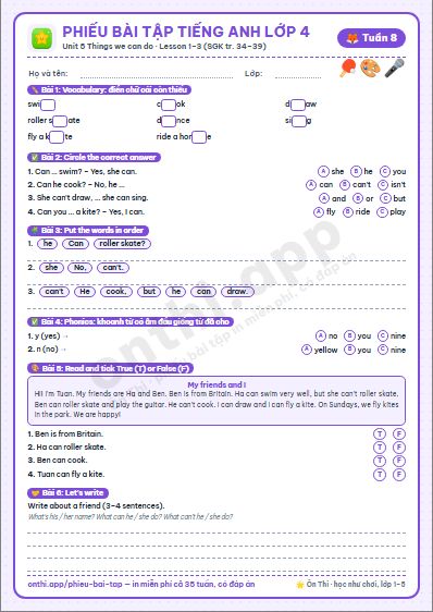 Phiếu bài tập cuối tuần Tiếng Anh lớp 4 tuần 8: Unit 5. Things we can do (tr. 34–39)
