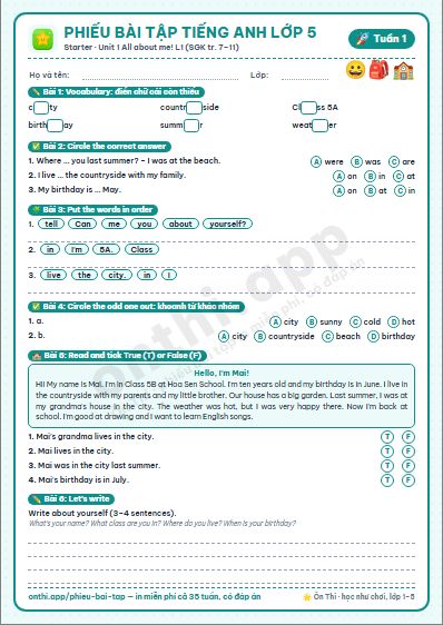 Phiếu bài tập cuối tuần Tiếng Anh lớp 5 tuần 1 đẹp, in màu: Starter · Unit 1 All about me! L1 (SGK tr. 7–11)
