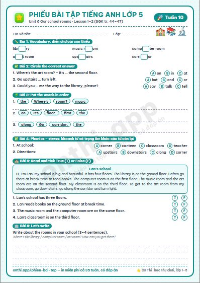Phiếu bài tập cuối tuần Tiếng Anh lớp 5 tuần 10: Unit 6 Our school rooms – Lesson 1–2 (tr. 44–47)