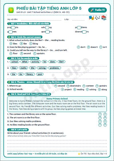 Phiếu bài tập cuối tuần Tiếng Anh lớp 5 tuần 11 đẹp, in màu: Unit 6 L3 · Unit 7 School activities L1 (SGK tr. 48–51)