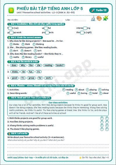 Phiếu bài tập cuối tuần Tiếng Anh lớp 5 tuần 12 đẹp, in màu: Unit 7 Favourite school activities · L2–3 (SGK tr. 52–55)