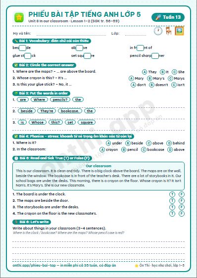 Phiếu bài tập cuối tuần Tiếng Anh lớp 5 tuần 13 đẹp, in màu: Unit 8 In our classroom · Lesson 1–2 (SGK tr. 56–59)