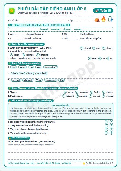 Phiếu bài tập cuối tuần Tiếng Anh lớp 5 tuần 15 đẹp, in màu: Unit 9 Our outdoor activities · L2–3 (SGK tr. 64–67)