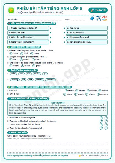 Phiếu bài tập cuối tuần Tiếng Anh lớp 5 tuần 18 đẹp, in màu: Ôn tập cuối học kì I · Unit 1–10 (SGK tr. 76–77)