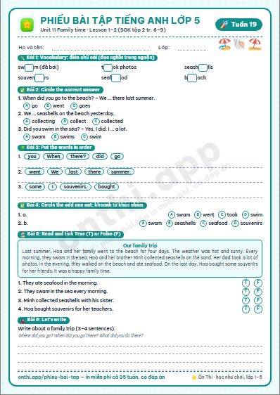 Phiếu bài tập cuối tuần Tiếng Anh lớp 5 tuần 19 đẹp, in màu: Unit 11 Family time · Lesson 1–2 (SGK tập 2 tr. 6–9)