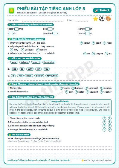 Phiếu bài tập cuối tuần Tiếng Anh lớp 5 tuần 2 đẹp, in màu: Unit 1 All about me! · Lesson 1–3 (SGK tr. 10–15)
