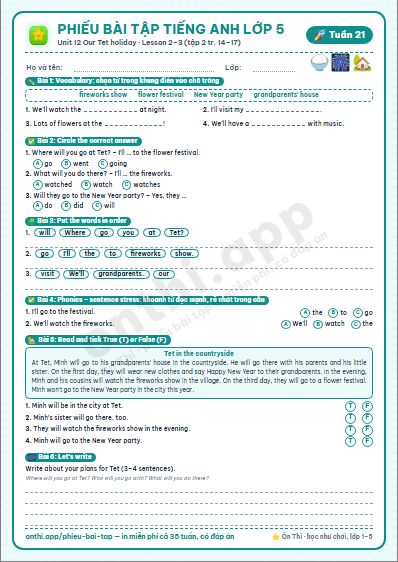 Phiếu bài tập Tiếng Anh lớp 5 tuần 21: Unit 12 Our Tet holiday – Lesson 2–3 (tập 2 tr. 14–17)