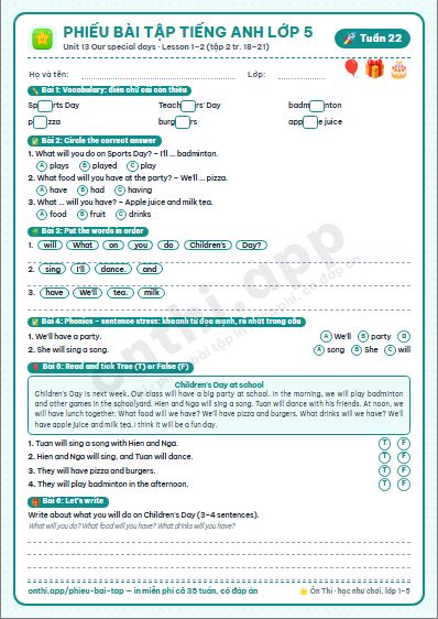 Phiếu bài tập cuối tuần Tiếng Anh lớp 5 tuần 22 đẹp, in màu: Unit 13 Our special days · Lesson 1–2 (tập 2 tr. 18–21)
