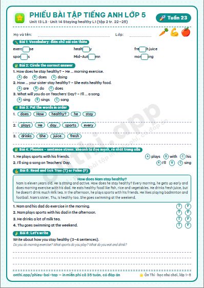 Phiếu bài tập cuối tuần Tiếng Anh lớp 5 tuần 23 đẹp, in màu: Unit 13 L3 · Unit 14 Staying healthy L1 (tập 2 tr. 22–25)