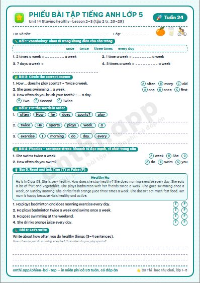 Phiếu bài tập cuối tuần Tiếng Anh lớp 5 tuần 24 đẹp, in màu: Unit 14 Staying healthy · Lesson 2–3 (tập 2 tr. 26–29)