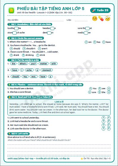 Phiếu bài tập cuối tuần Tiếng Anh lớp 5 tuần 25 đẹp, in màu: Unit 15 Our health · Lesson 1–2 (SGK tập 2 tr. 30–33)