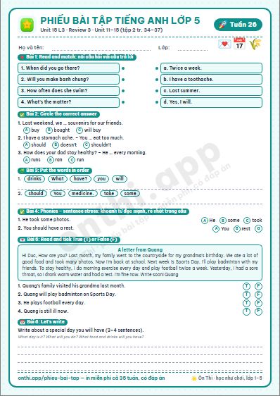 Phiếu bài tập Tiếng Anh lớp 5 tuần 26: Unit 15 Our health – Lesson 3 (tập 2 tr. 34–35) · Review 3 (tập 2 tr. 36–37)