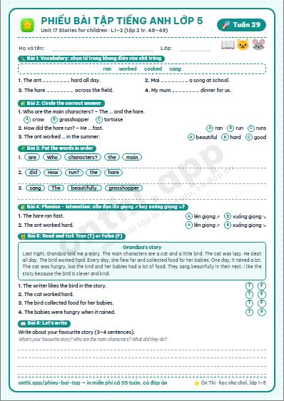 Phiếu bài tập cuối tuần Tiếng Anh lớp 5 tuần 29 đẹp, in màu: Unit 17 Stories for children · L1–2 (tập 2 tr. 46–49)