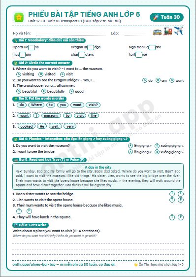 Phiếu bài tập cuối tuần Tiếng Anh lớp 5 tuần 30 đẹp, in màu: Unit 17 L3 · Unit 18 Transport L1 (SGK tập 2 tr. 50–53)