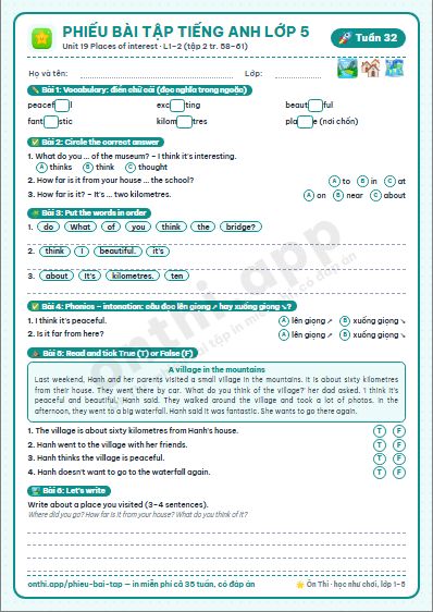 Phiếu bài tập Tiếng Anh lớp 5 tuần 32: Unit 19 Places of interest – Lesson 1–2 (tập 2 tr. 58–61)