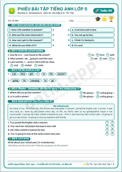 Phiếu bài tập cuối tuần Tiếng Anh lớp 5 tuần 35 đẹp, in màu: Review 4 · Extension 4 · Unit 16–20 (tập 2 tr. 70–73)