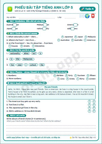 Phiếu bài tập cuối tuần Tiếng Anh lớp 5 tuần 4 đẹp, in màu: Unit 2 L2–3 · Unit 3 My foreign friends L1 (SGK tr. 18–23)
