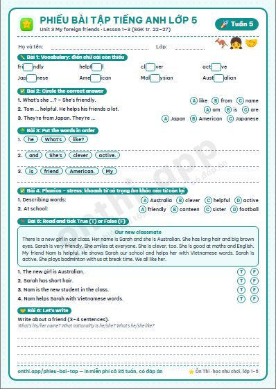 Phiếu bài tập cuối tuần Tiếng Anh lớp 5 tuần 5: Unit 3 My foreign friends – Lesson 1–3 (tr. 22–27)