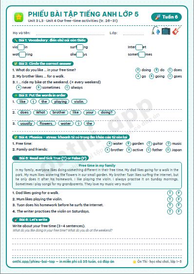 Phiếu bài tập cuối tuần Tiếng Anh lớp 5 tuần 6: Unit 3 My foreign friends – Lesson 3 (tr. 26–27), Unit 4 Our free-time activities – Lesson 1–2 (tr. 28–31)