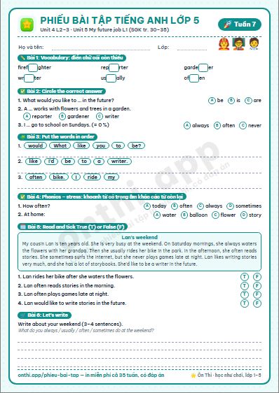 Phiếu bài tập cuối tuần Tiếng Anh lớp 5 tuần 7: Unit 4 Our free-time activities – Lesson 2–3 (tr. 30–33), Unit 5 My future job – Lesson 1 (tr. 34–35)