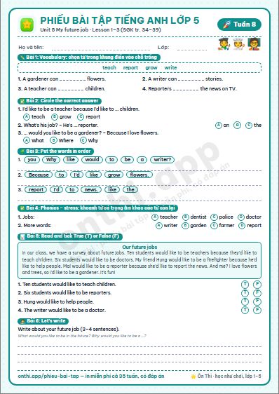 Phiếu bài tập cuối tuần Tiếng Anh lớp 5 tuần 8: Unit 5 My future job – Lesson 1–3 (tr. 34–39)