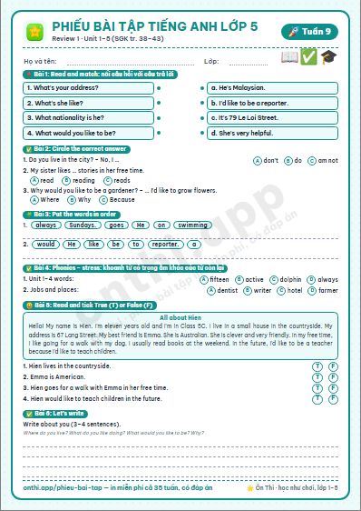 Phiếu bài tập cuối tuần Tiếng Anh lớp 5 tuần 9: Unit 5 My future job – Lesson 3 (tr. 38–39), Review 1 (tr. 40–41), Extension 1 (tr. 42–43)