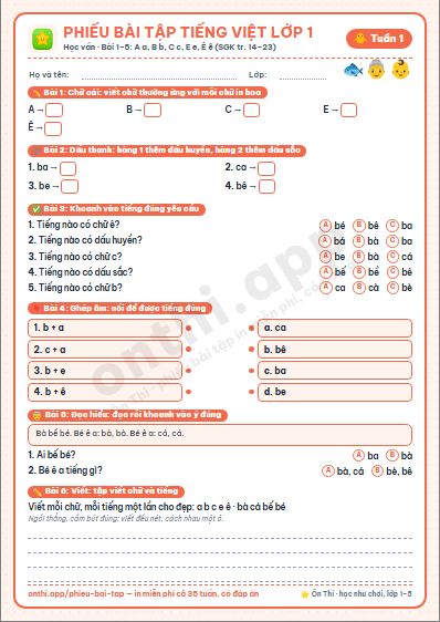 Phiếu bài tập Tiếng Việt lớp 1 tuần 1: A a · B b · C c · E e Ê ê