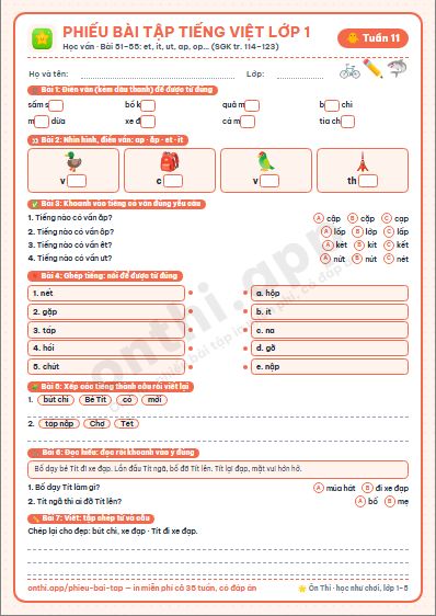 Phiếu bài tập Tiếng Việt lớp 1 tuần 11: et êt it · ut ưt · ap ăp âp · op ôp ơp
