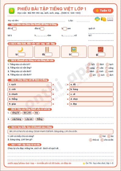 Phiếu bài tập Tiếng Việt lớp 1 tuần 12: ep êp ip up · anh ênh inh · ach êch ich · ang ăng âng