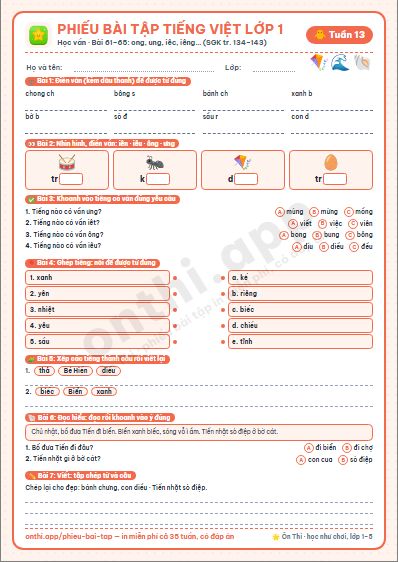 Phiếu bài tập Tiếng Việt lớp 1 tuần 13: ong ông ung ưng · iêc iên iêp · iêng iêm yêm · iêt iêu yêu
