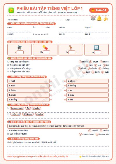 Phiếu bài tập Tiếng Việt lớp 1 tuần 14: uôi uôm · uôc uôt · uôn uông · ươi ươu