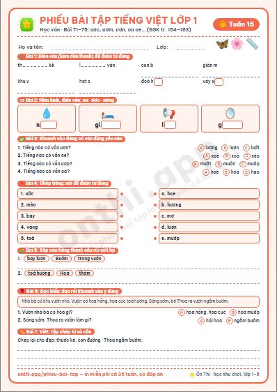 Phiếu bài tập Tiếng Việt lớp 1 tuần 15: ươc ươt · ươm ươp · ươn ương · oa oe
